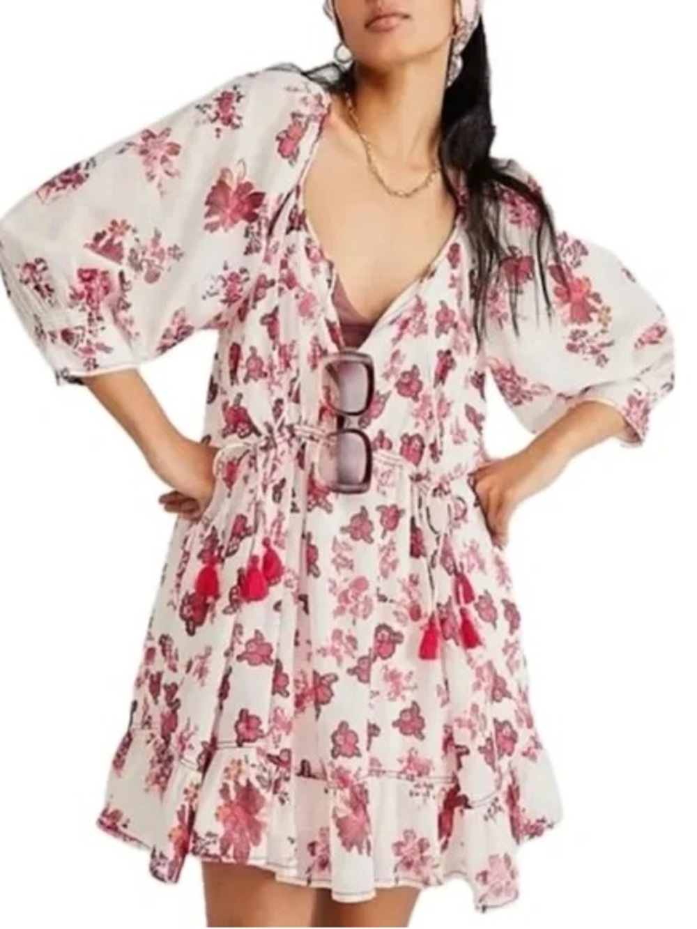 Free People Floral Tie-Waist Mini Dress in White and Pink